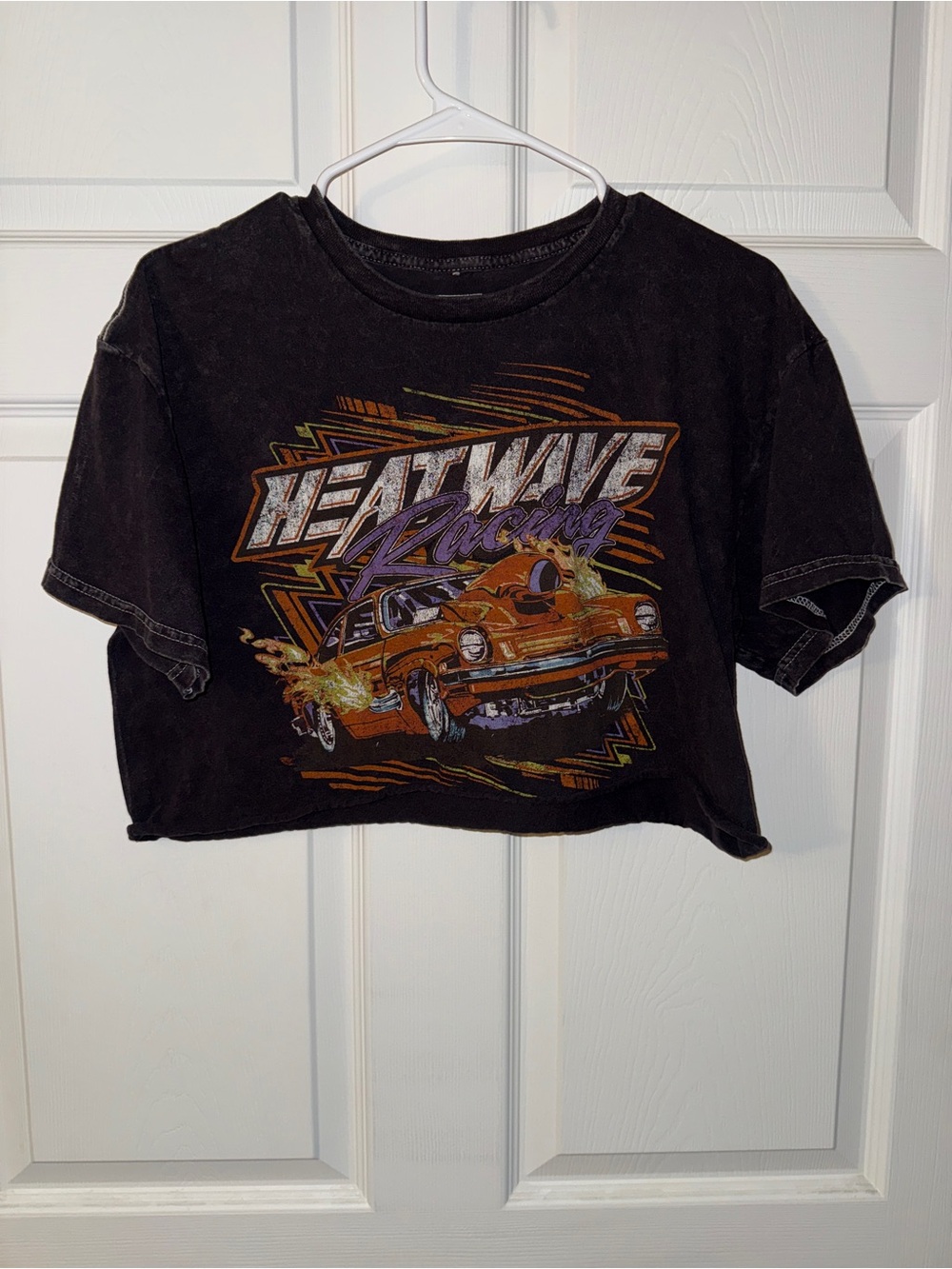 Tilly's Black Crop Tee with Orange Race Car Graphic